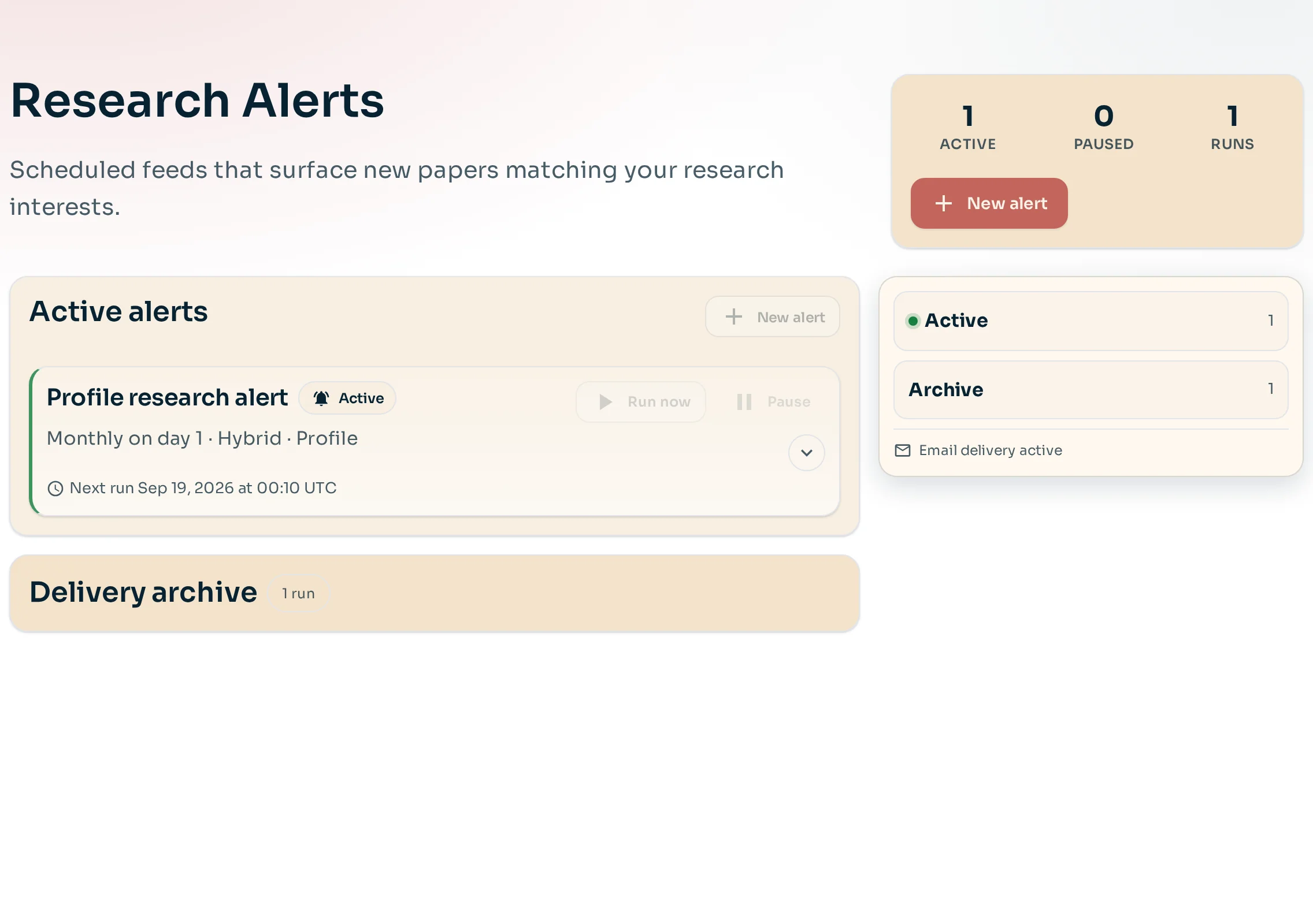Research alerts dashboard showing an active monthly hybrid profile alert and its delivery archive