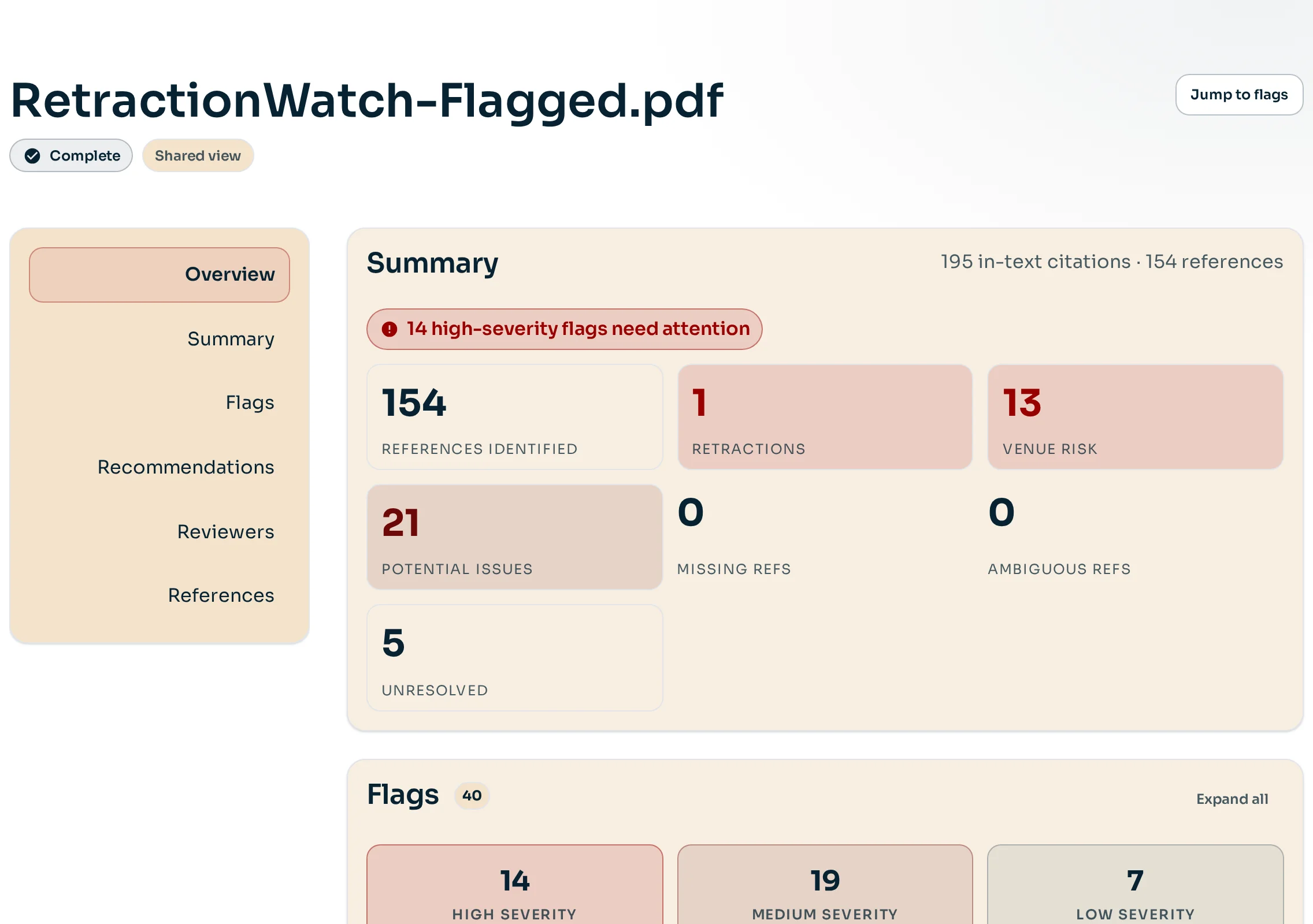 Citation report summary with identified references, retraction and venue-risk flags, and unresolved works
