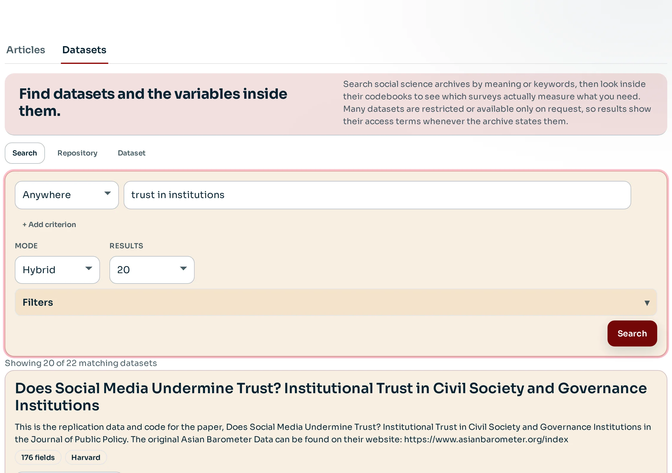 Dataset and variable search with criteria rows, filters, and access terms on each result