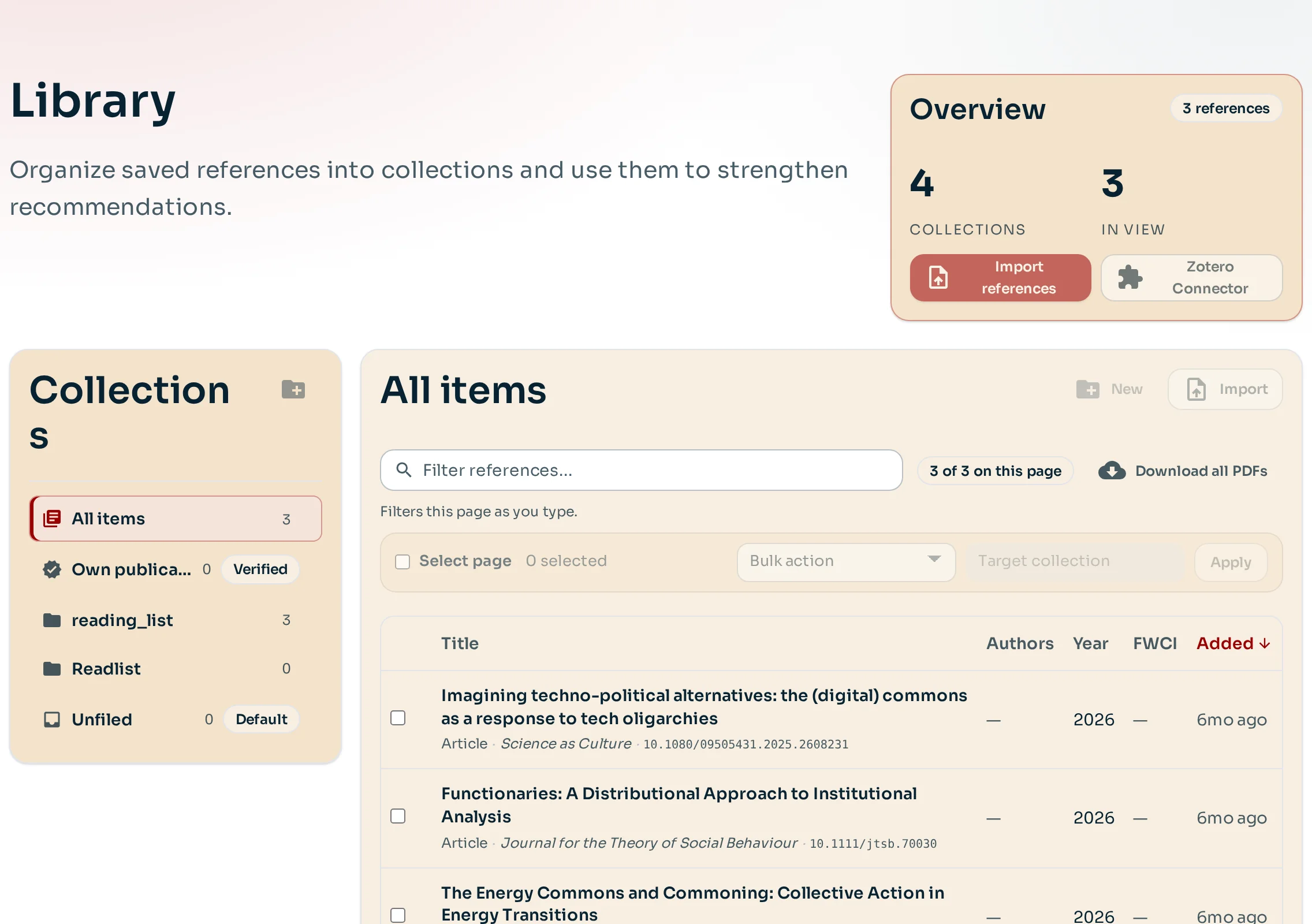 Reference library workspace with a collection sidebar, imported references, and bulk actions