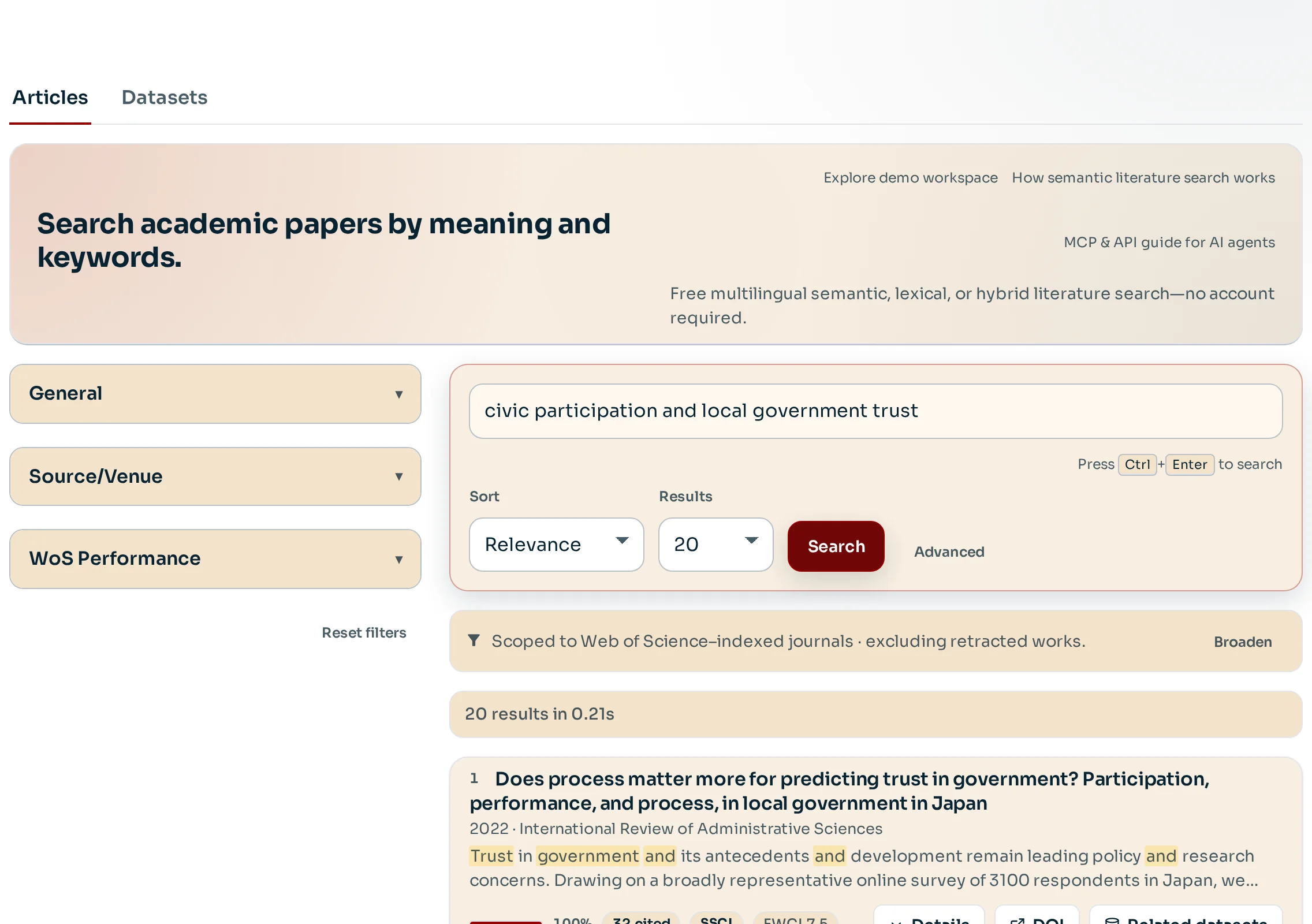 Semantic literature search form with general, source, and Web of Science performance filters