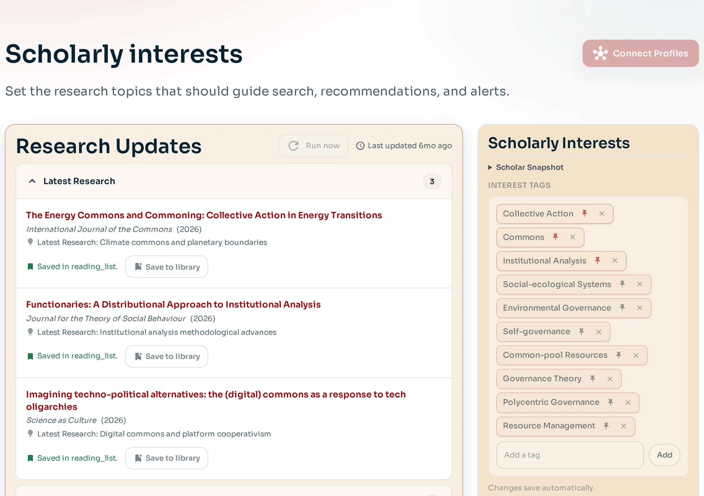 Research updates beside editable scholar Interest Tags in the miscite profile workspace